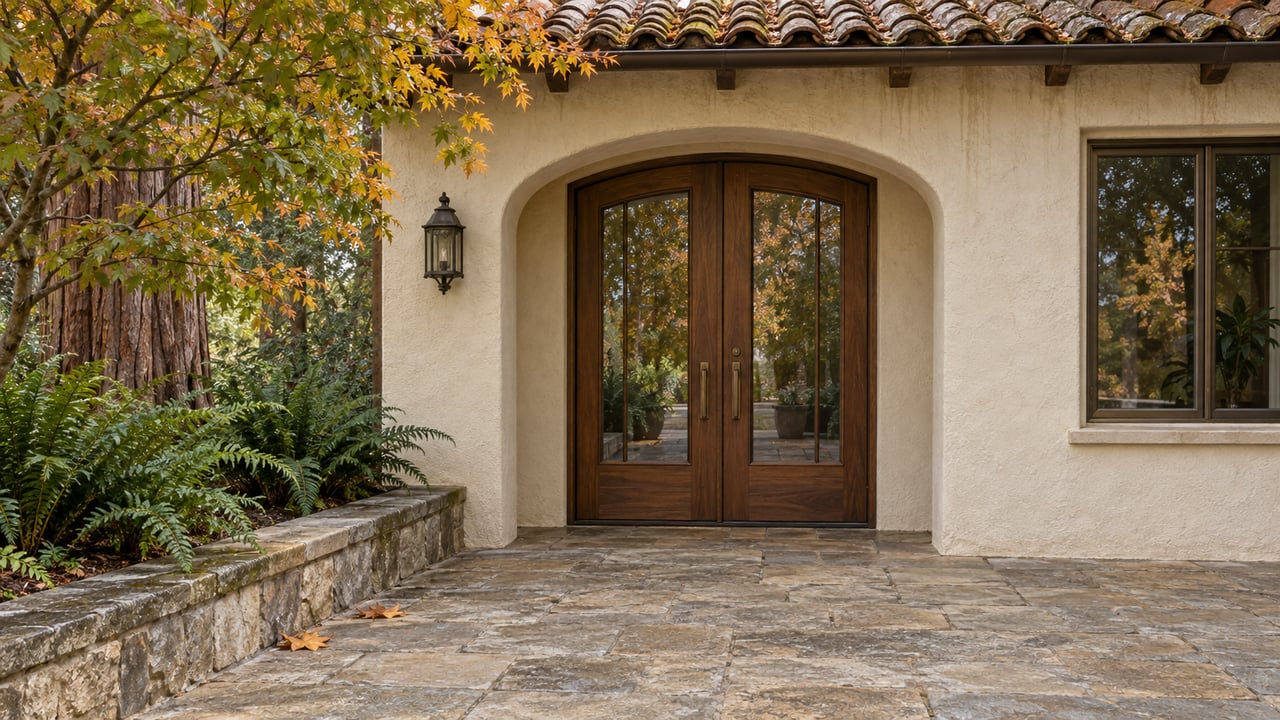An ivory stucco home with a clay tile eave, arched walnut entry doors, weathered stone terrace and amber maple leaves beside sword ferns.