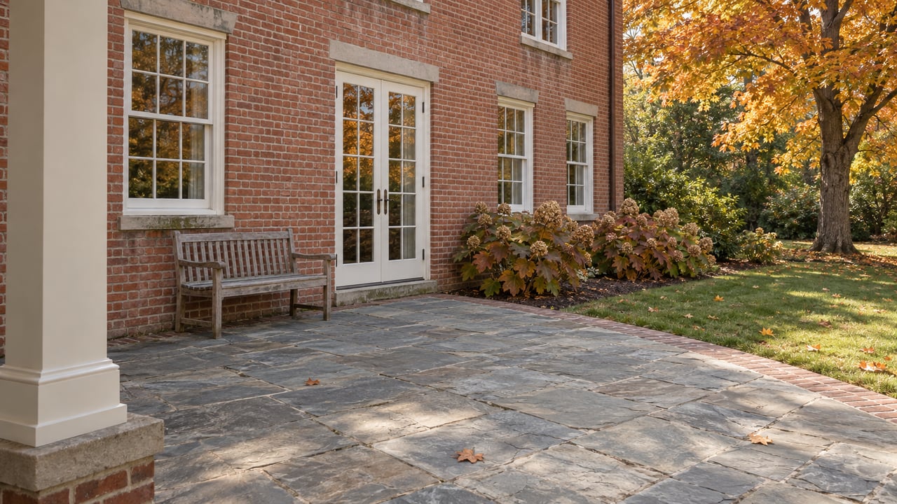 Autumn sunlight on a brick home's flagstone garden terrace, white sash windows, a weathered teak bench and an amber maple.