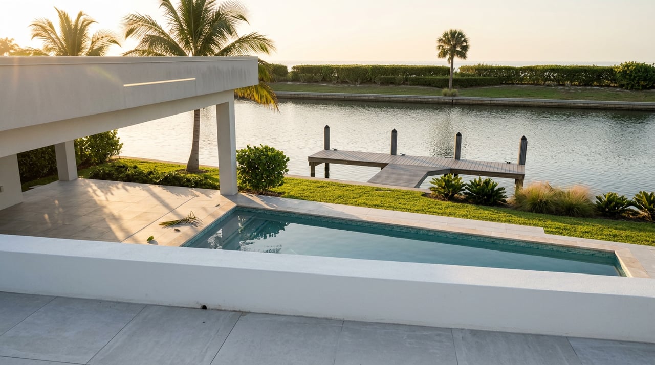 Private pool and covered lanai beside a dock extending into a canal, with a clipped hedge and palm on the far bank.