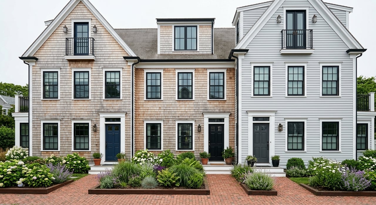 Three closely spaced townhouses with a driftwood-gray shingle facade, navy door, brick-paver entry court, and foundation shrubs.