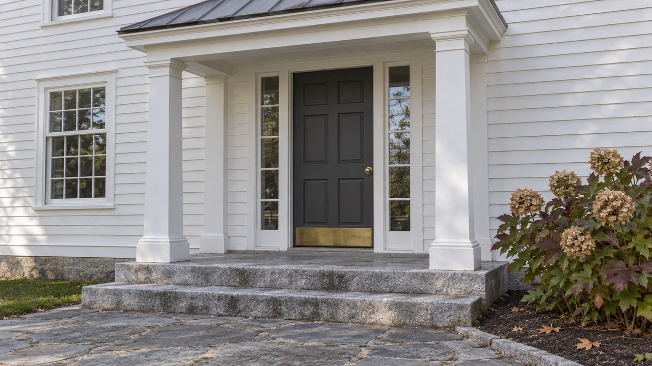 White clapboard home entry with a charcoal door, paired white porch columns, granite steps and an oakleaf hydrangea beside a fieldstone walk.