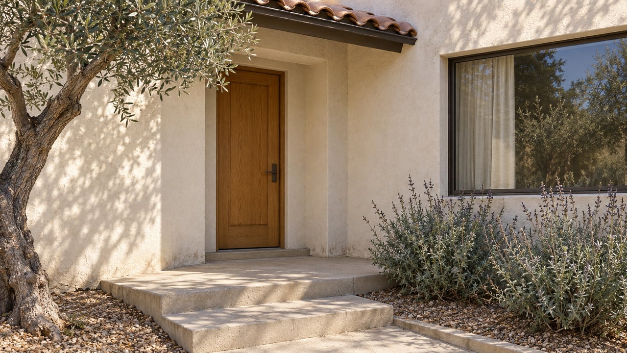 Sunlit stucco home entrance with a warm oak door, clay roof tiles, an olive tree and drought-tolerant planting.