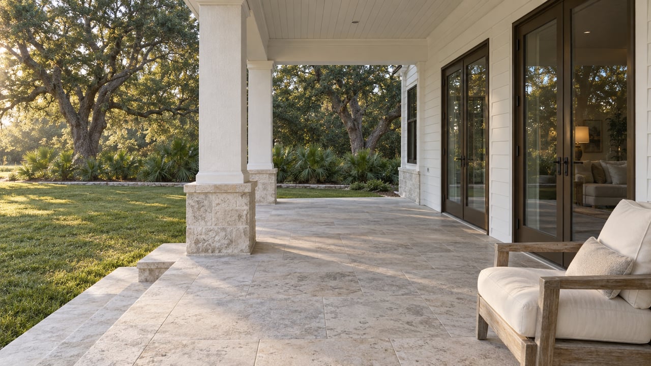 White waterfront home's covered stone porch with a teak chair, closed glass doors, and a lawn shaded by mature live oaks.