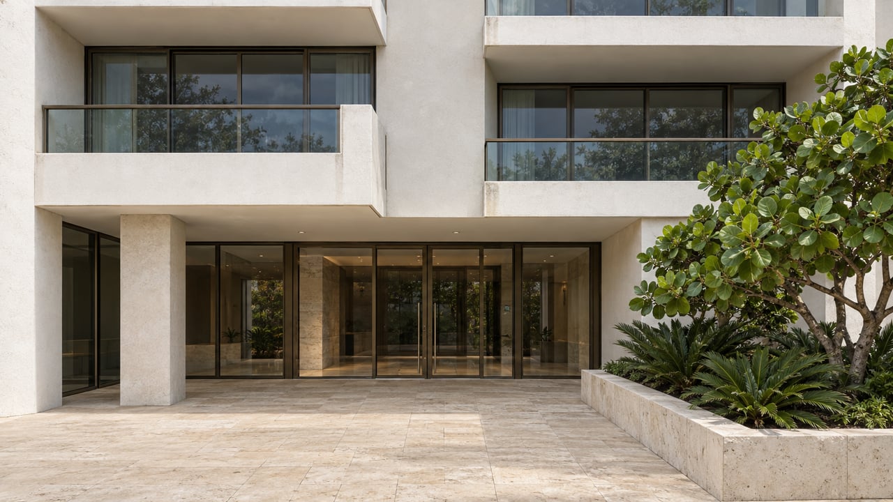 Pale stucco condominium with two white-parapet balconies, a recessed glazed entrance, and a raised planting bed.