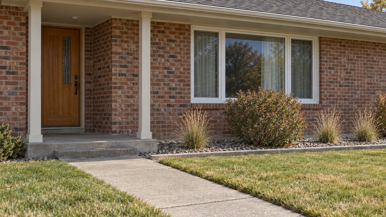 Brick ranch entry with a wood door, broad window, weathered concrete walk, and autumn grasses in a gravel foundation bed.