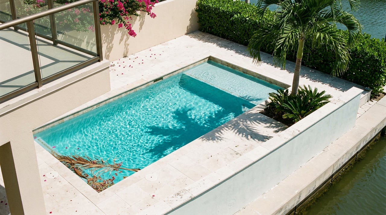 Overhead view of a turquoise pool beside pale stone pavers, with a royal palm’s shadow and a clipped canal-side hedge.