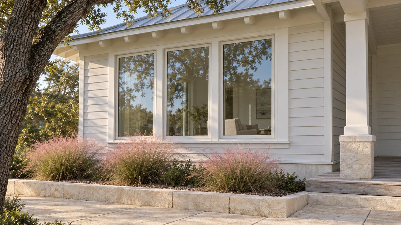 Morning light on a white-sided home's window bay, limestone path, and pink muhly grass beneath a spreading live oak branch.