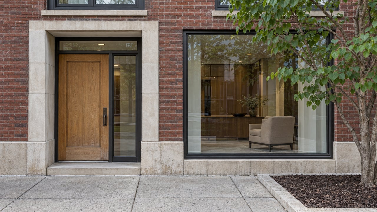 Brick residential entrance with an oak door, limestone surround, glazed lobby window, and a redbud beside the sidewalk.