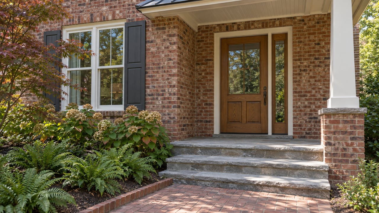 Sunlit brick home entry with an oak door, stone porch steps, paired shutters and autumn-toned oakleaf hydrangeas.