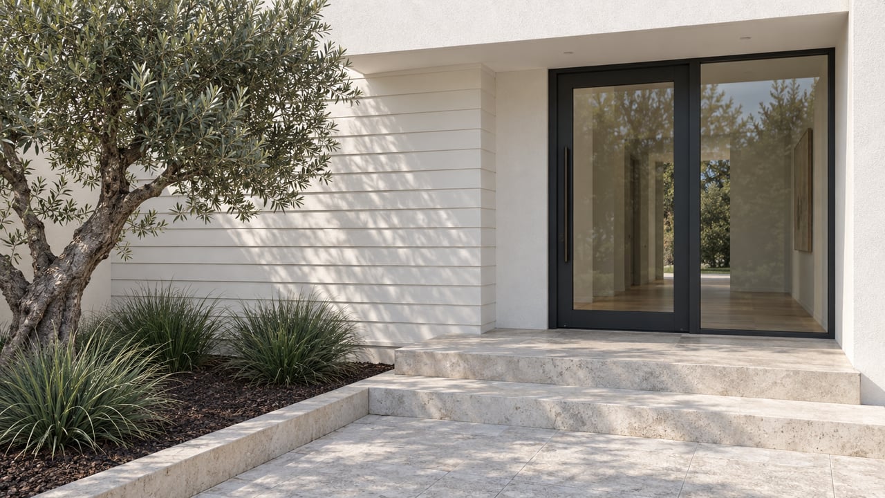 White-sided contemporary home entry with charcoal-framed glazing, pale limestone steps and a sculptural olive tree.