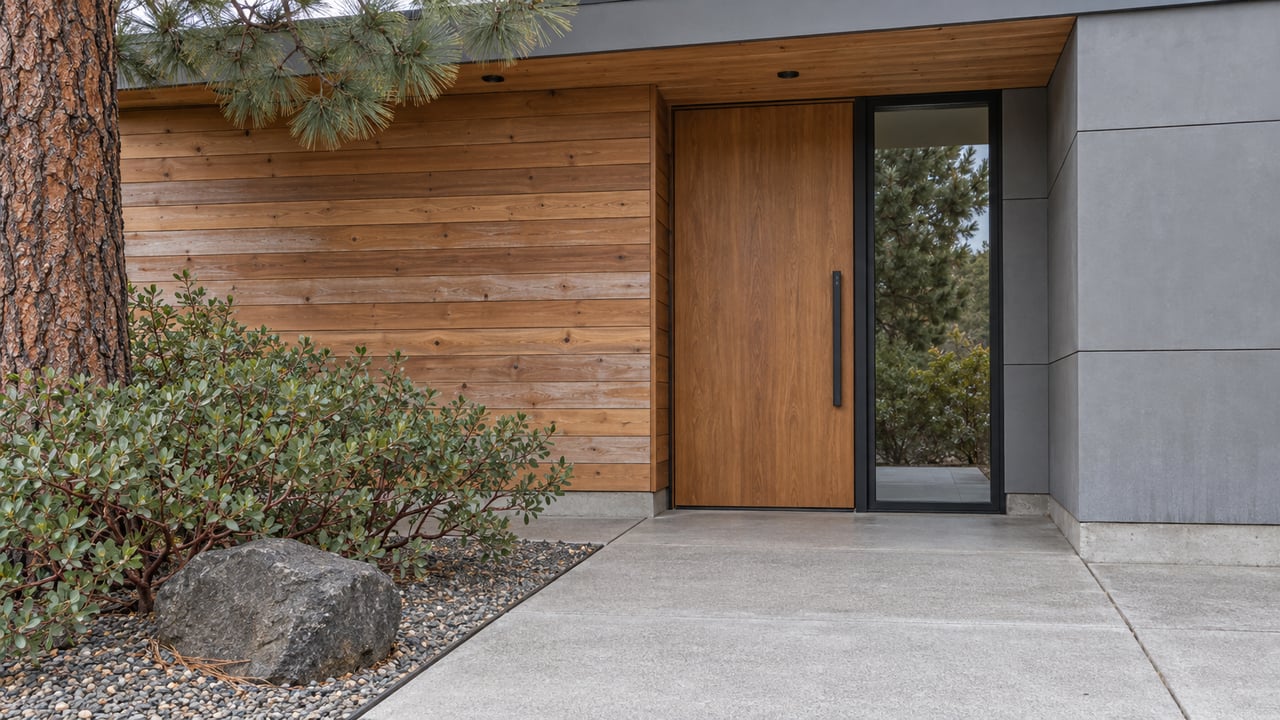 Sheltered contemporary home entrance with weathered cedar siding, gray panels, a glazed sidelight and a concrete approach beside manzanita and ponderosa pine.