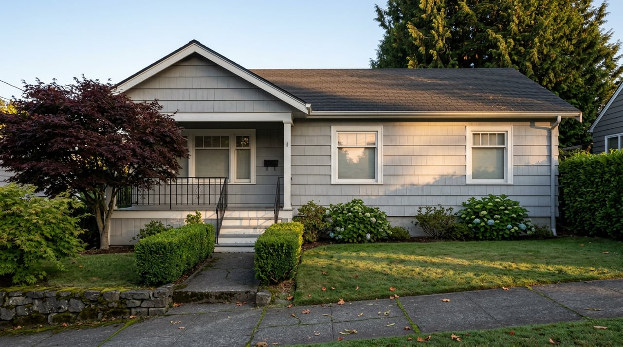 Dove-gray shingle home with a burgundy Japanese maple, stone retaining wall, and walkway through the front garden.