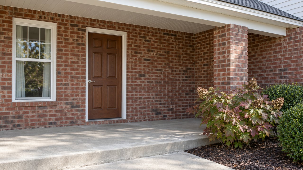 Covered red-brick home entry with a brown paneled door, white-framed window, concrete porch and oakleaf hydrangea.