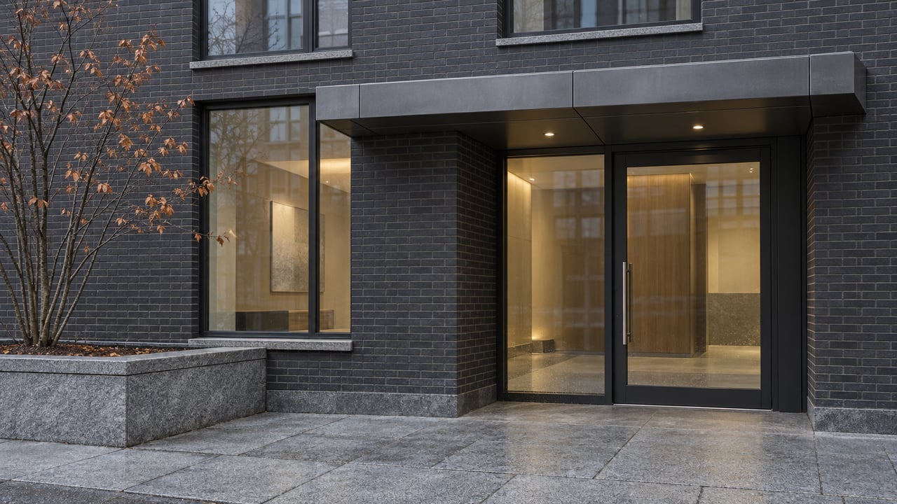 Dark brick residential entrance with a zinc canopy, granite paving and a sparse copper-leaved tree in a raised stone planter.