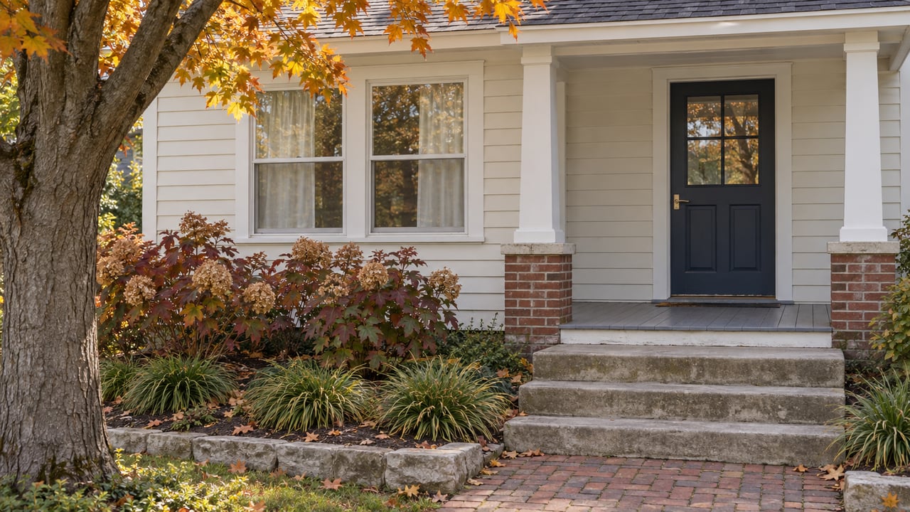 Ivory clapboard house with a navy front door, brick porch base, worn entry steps and autumn garden planting.