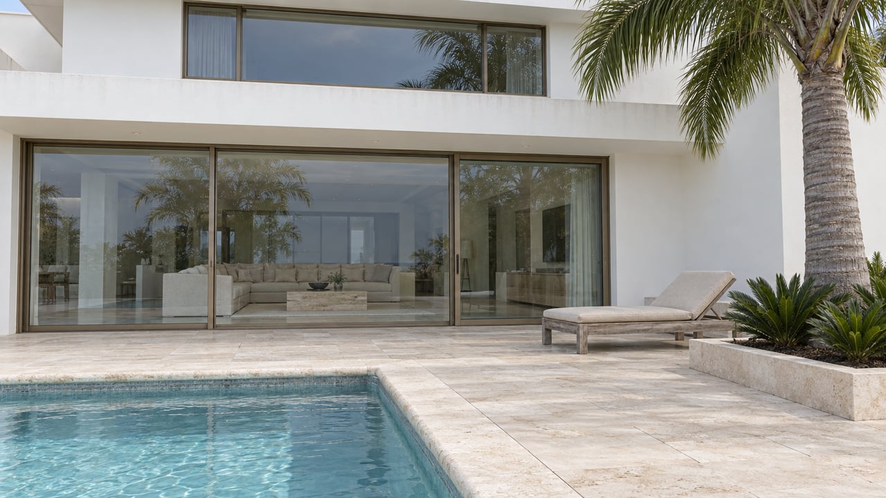 White stucco residence with bronze-framed glass doors, limestone pool terrace, weathered teak chaise, and a sculptural palm.