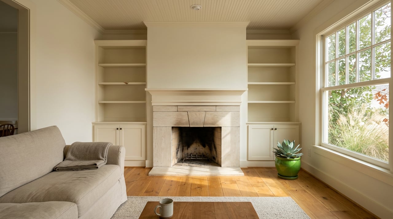 Modest living room with a limestone fireplace, linen sofa, green potted agave, and leafy window.