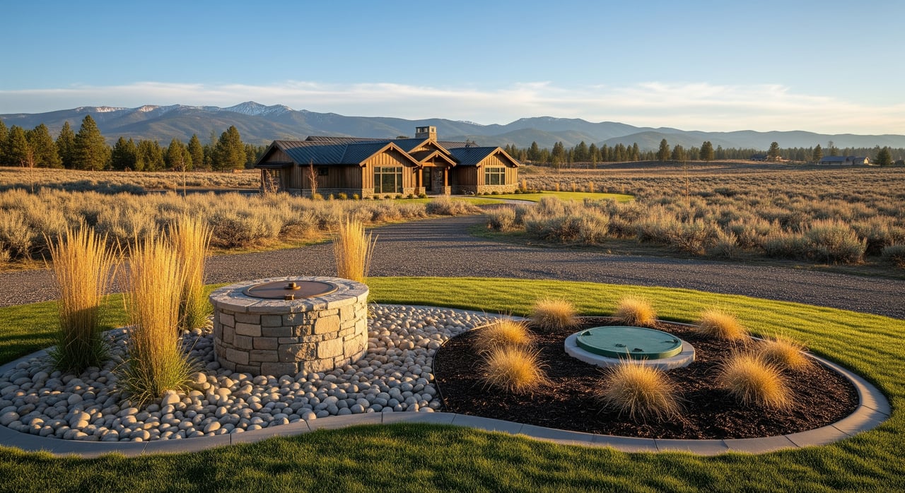 Stone fire pit and circular garden beds in front of a timber lodge, with mountains beyond.