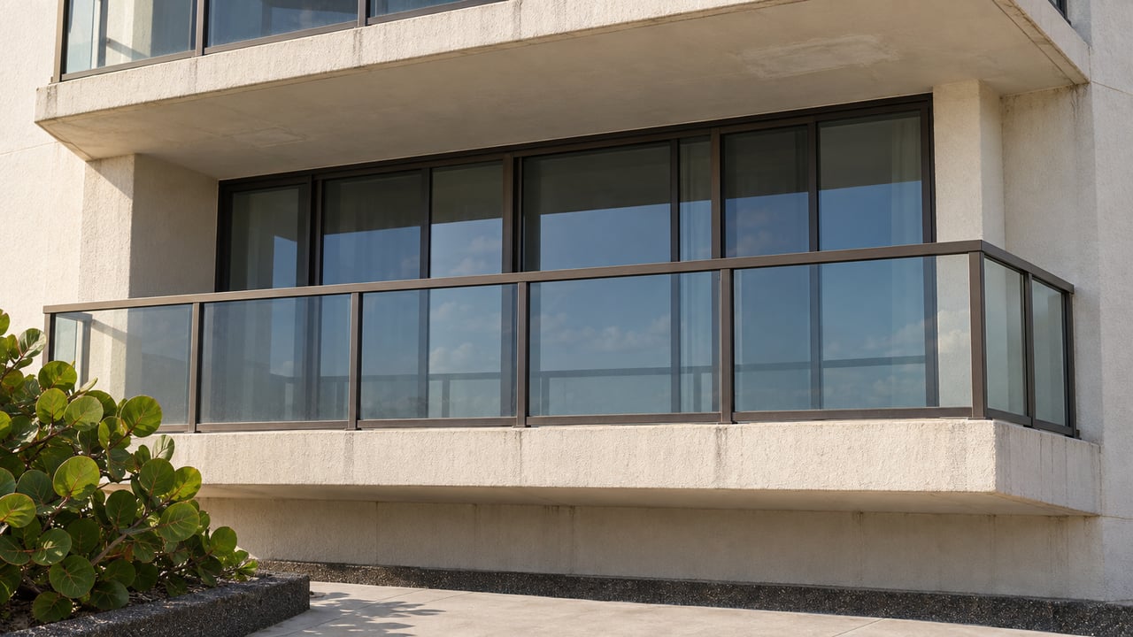Condominium balcony with dark bronze glass railing, closed sliding doors, and round leaves entering at lower left.