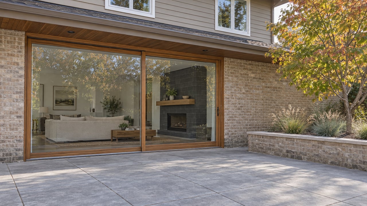 A paved rear terrace beside a buff-brick home with wood-framed glass doors, a raised maple planting bed and an enclosed living room.