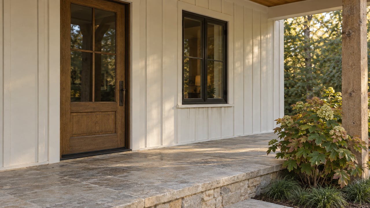 Oak entry door and matching casement window in a board-and-batten porch, beside an oakleaf hydrangea.