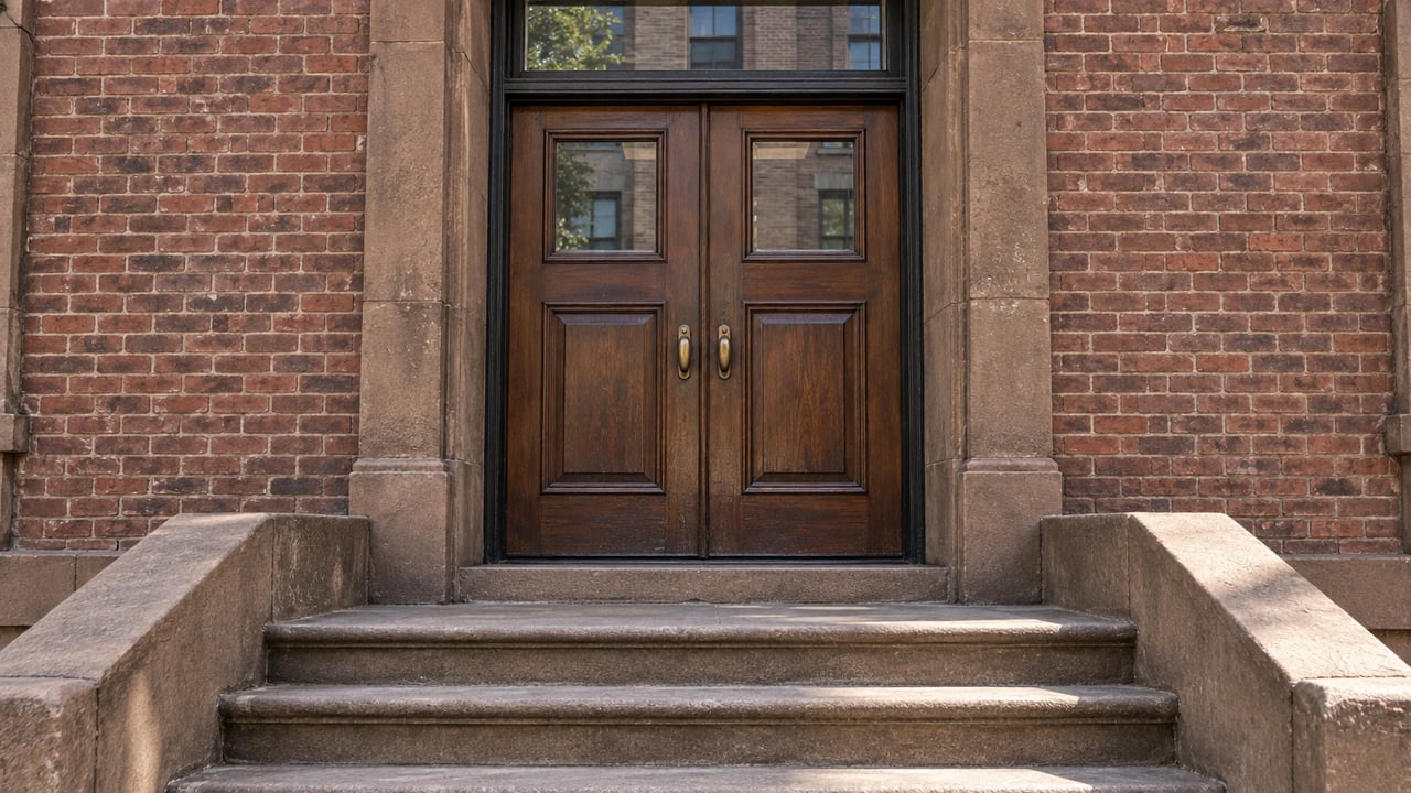 Paired dark wood doors beneath a glazed transom, framed by weathered brown sandstone and reddish brick above broad stone steps.