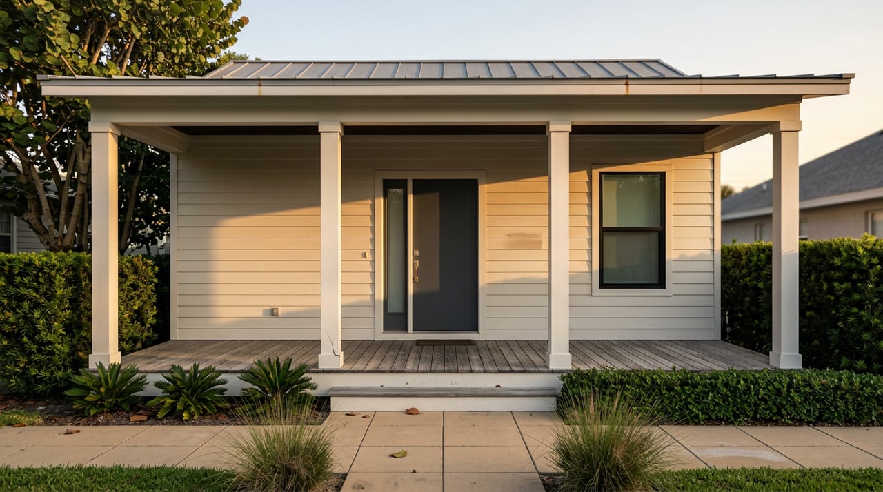 Compact bungalow with a covered porch, white columns, charcoal door, paver walk, and narrow lawn.