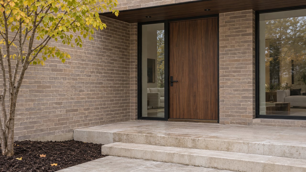 Walnut front door and black-framed glazing beneath a wood-lined canopy, with taupe brick, worn limestone steps, and a yellowing redbud.