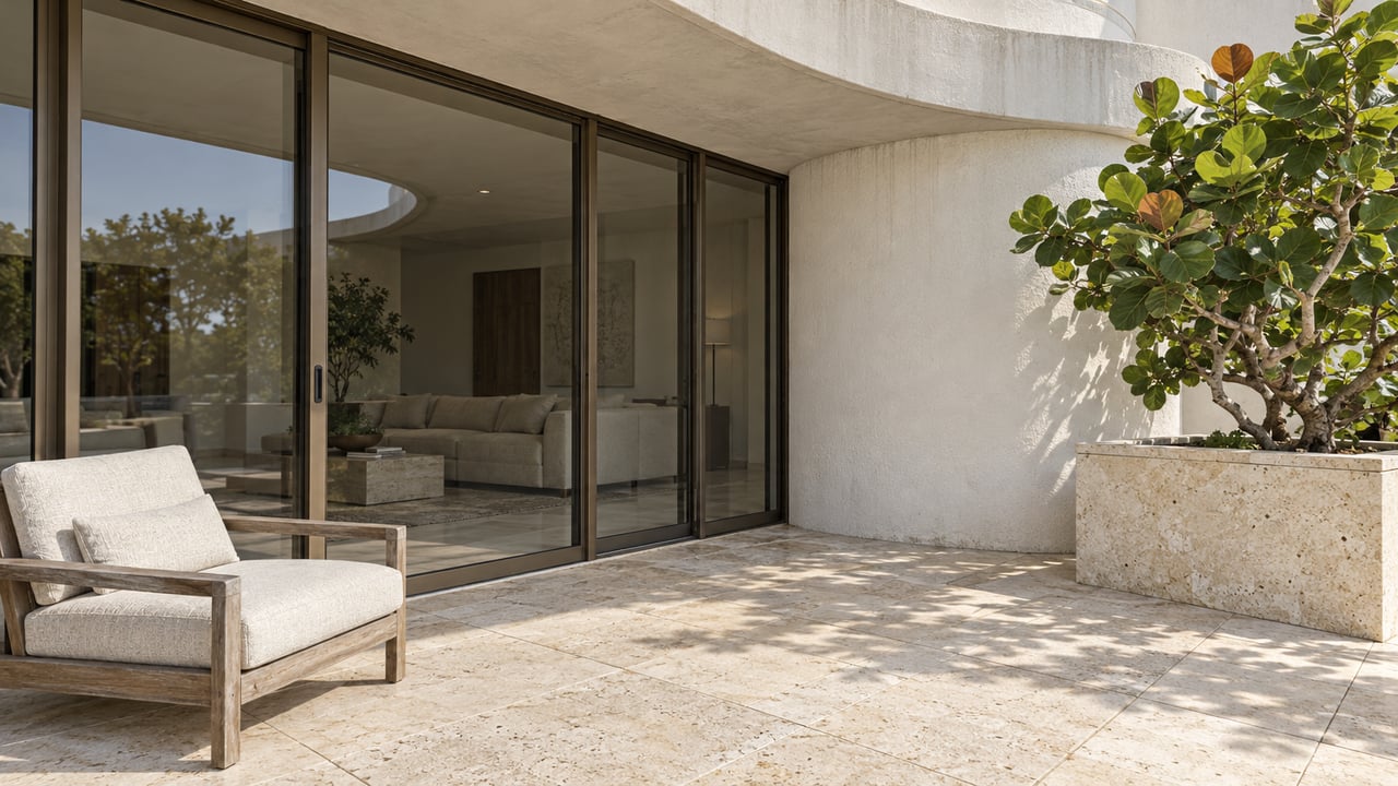 Curved condominium terrace with limestone paving, bronze-framed glass doors, a teak chair and a sculptural sea grape in a stone planter.