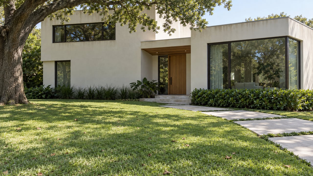 Off-white two-story house behind a broad lawn, with concrete stepping slabs and a mature oak at left.
