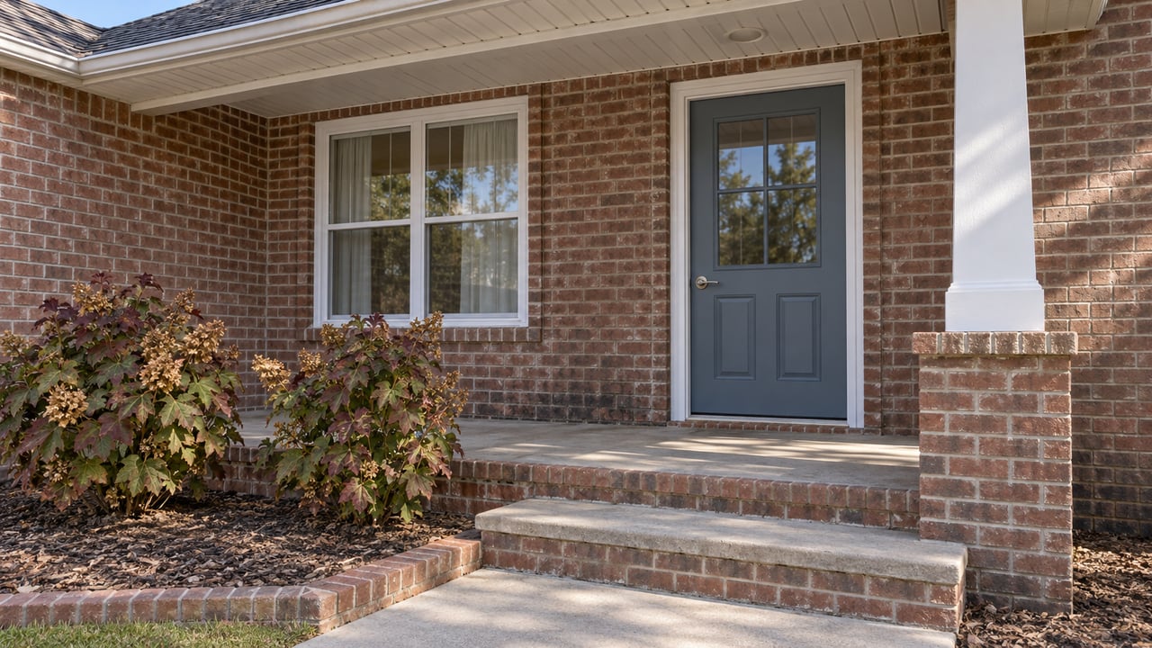Covered brick-home entry with a blue door, white-framed window, broad steps, and two oakleaf hydrangeas.