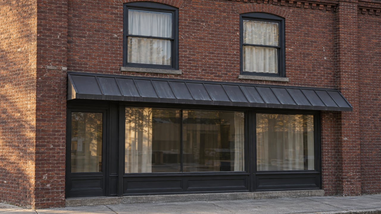 Brick mixed-use building with two curtained upstairs windows, a metal canopy, and storefront glazing.