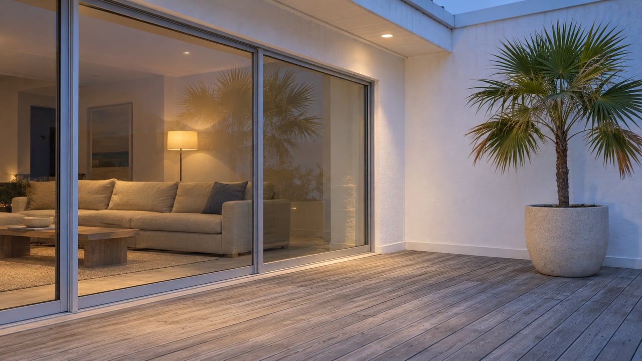 Blue-hour light on a timber terrace beside white stucco and closed sliding glass doors, with a warmly lit neutral living room inside and one potted thatch palm.