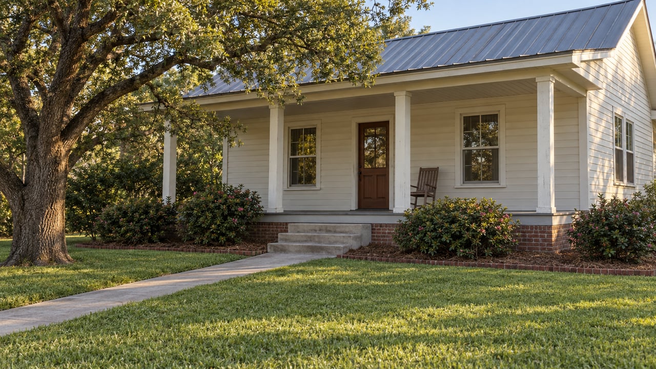 Cream timber house with a shaded front porch, concrete approach, deep lawn and a spreading live oak in warm afternoon light.
