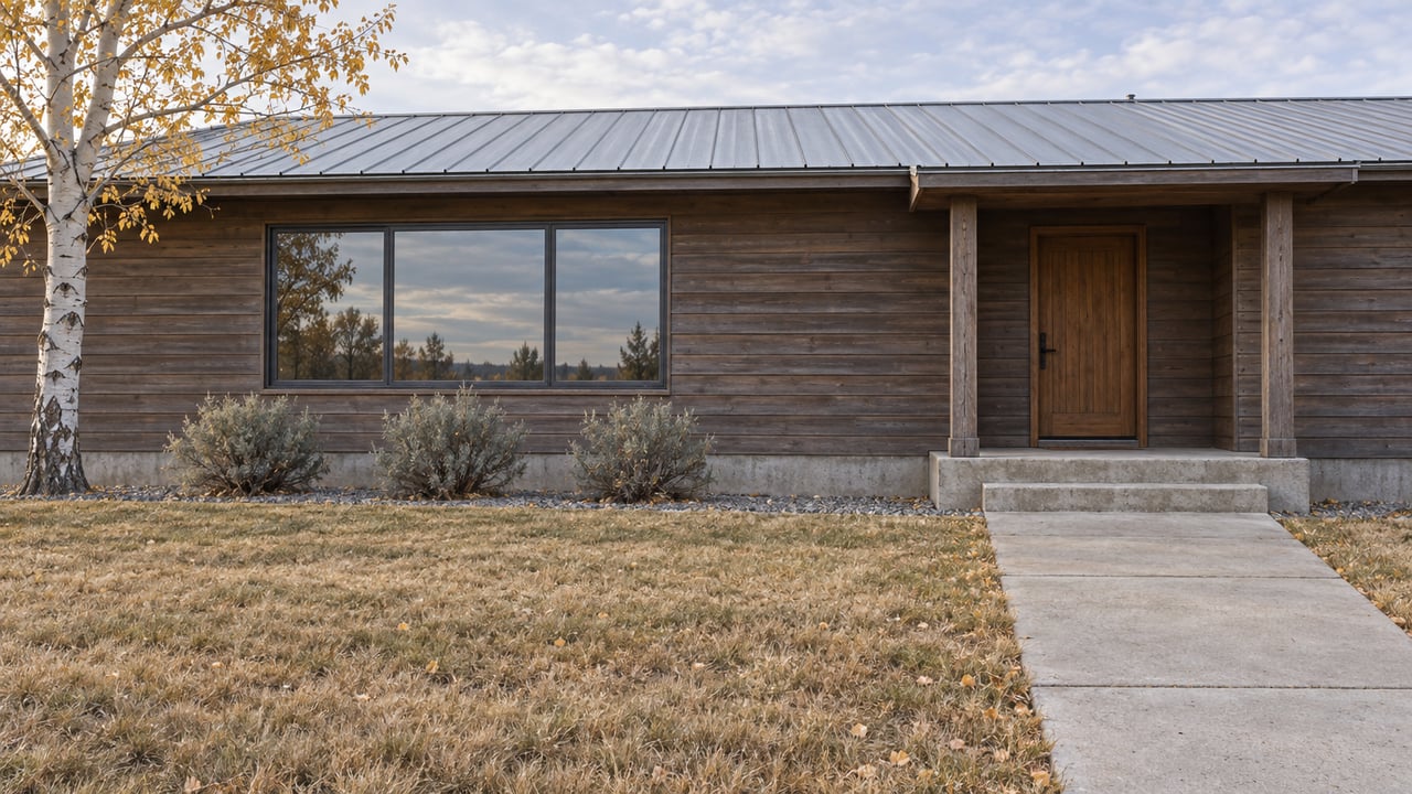 Weathered wood-sided ranch home with a metal roof, broad front window, concrete approach and dry autumn lawn beneath a yellow-leaved aspen.