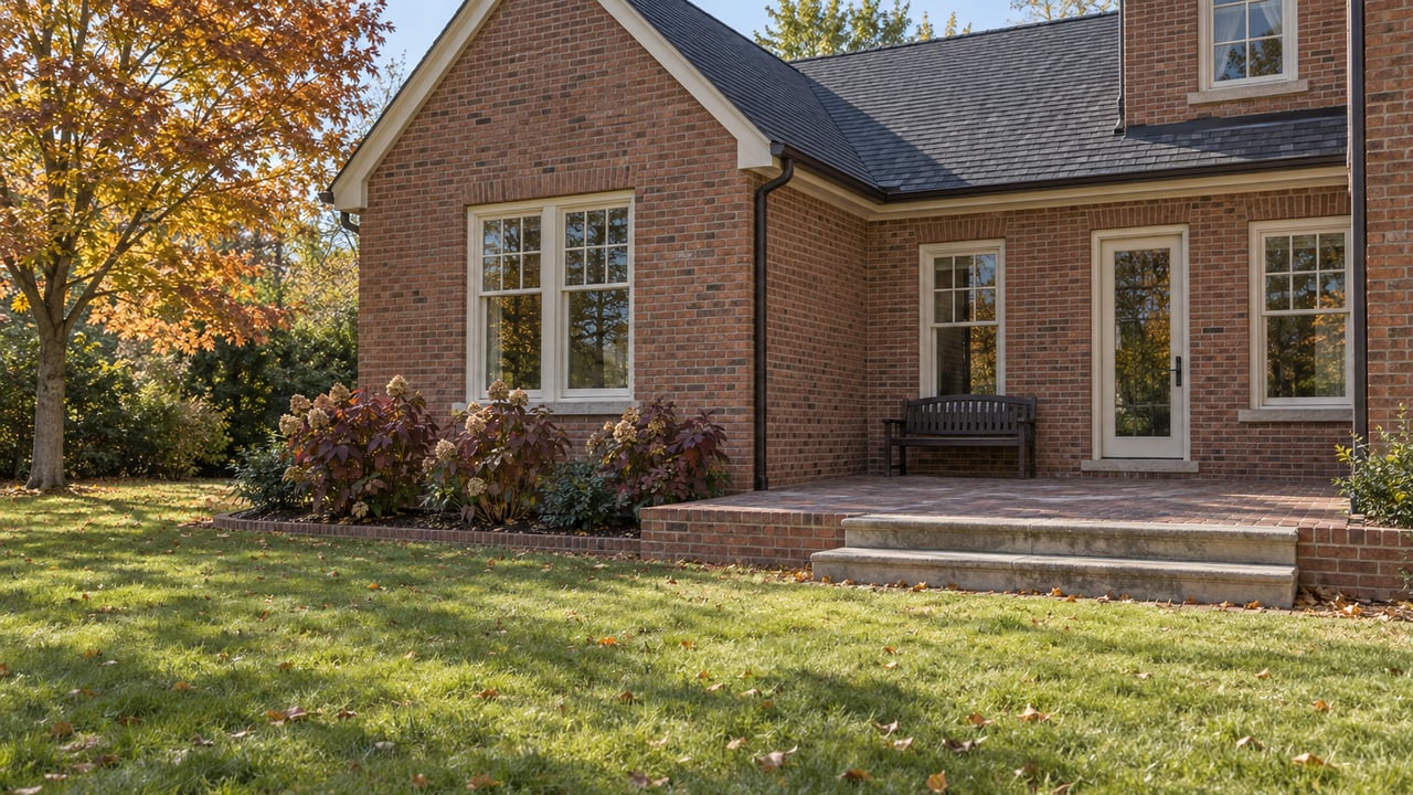 Traditional red brick home with cream-trimmed windows, a brick terrace, limestone steps, and an autumn garden.
