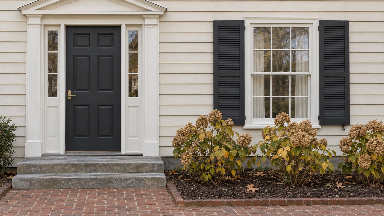 Ivory clapboard home with a charcoal front door, paired sidelights, shuttered window, worn limestone steps and autumn hydrangeas beside a brick walk.
