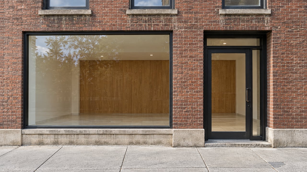 Russet brick commercial frontage with black steel-framed glazing, limestone trim and a recessed glass entrance above a worn concrete sidewalk.
