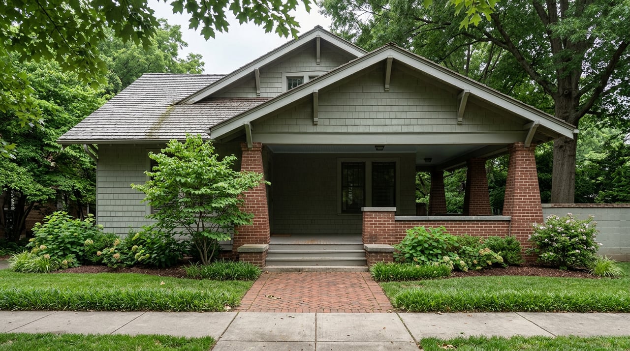 Sage-green Craftsman bungalow with a deep porch, tapered brick piers, herringbone walkway, and leafy canopy.
