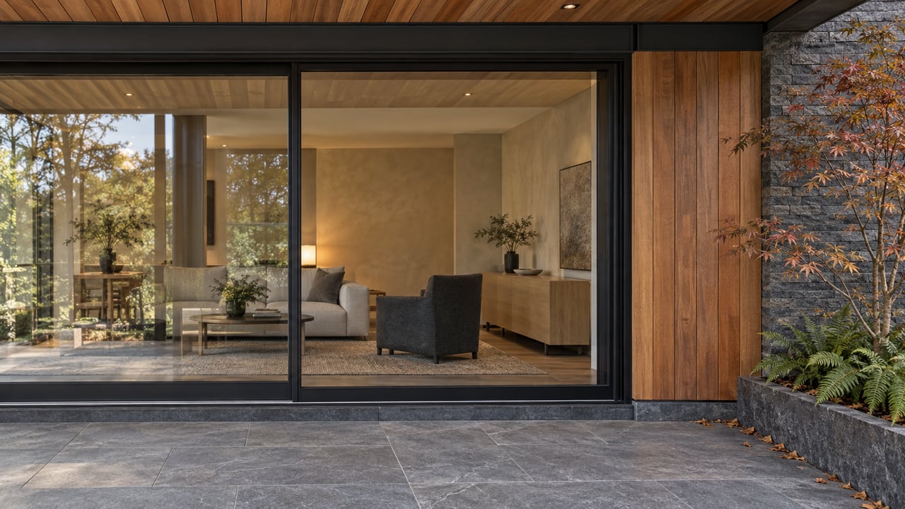 Closed black-framed sliding doors open onto a gray stone terrace, with a copper-leaved maple in a raised planter.