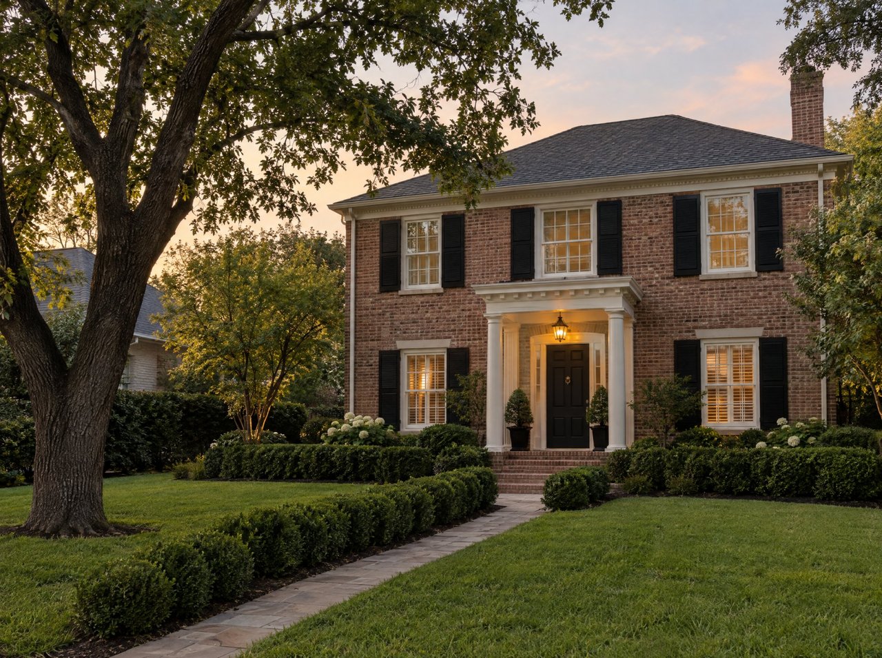 Two-story brick home with black shutters, a columned entrance, and landscaped front lawn at sunset.