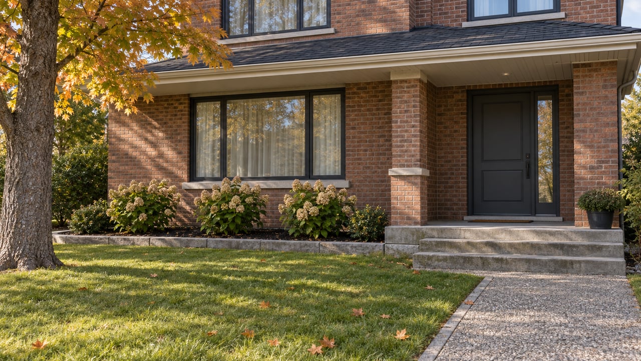 Autumn morning light across a brick family home's front lawn, concrete approach and covered entrance.