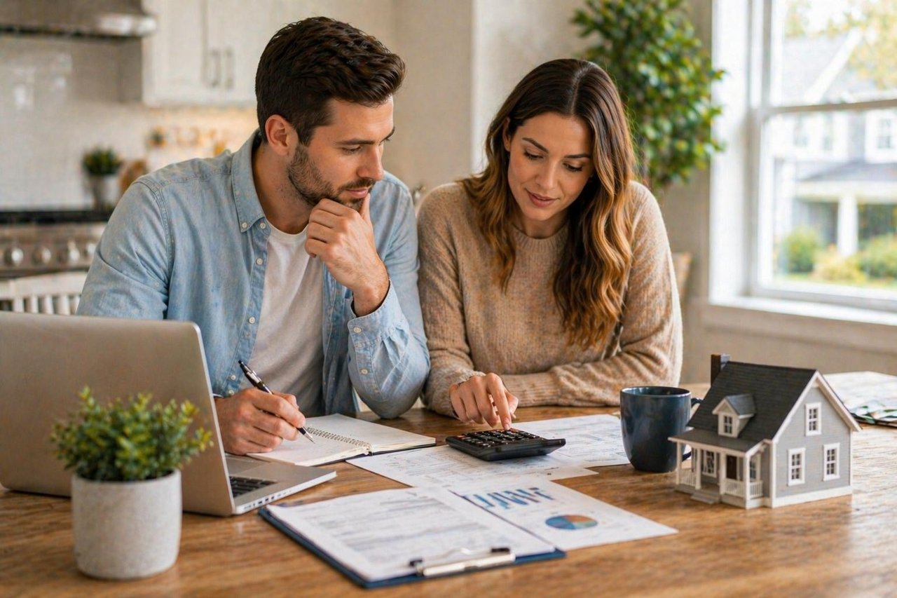 Couple reviews paperwork and charts beside a calculator, laptop, and model house.