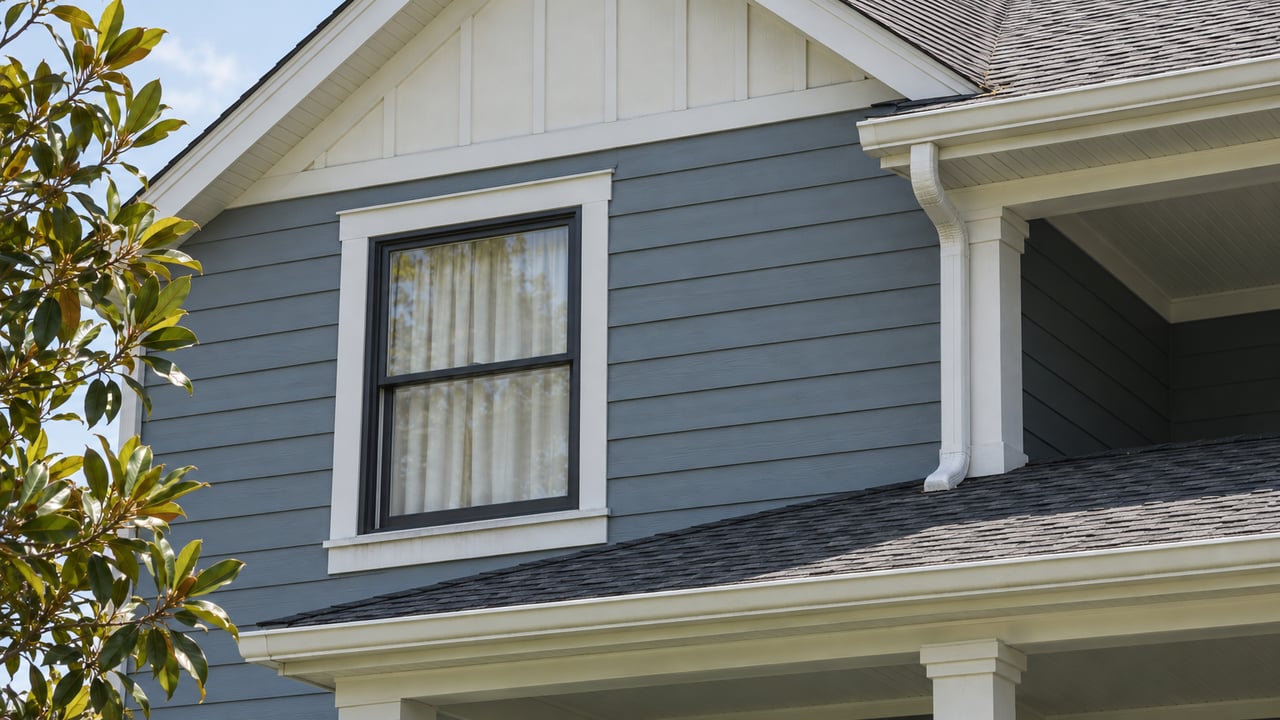 Blue-gray lap siding, ivory gable trim and a black-framed window above a shingled porch roof, edged by sweetbay magnolia leaves.