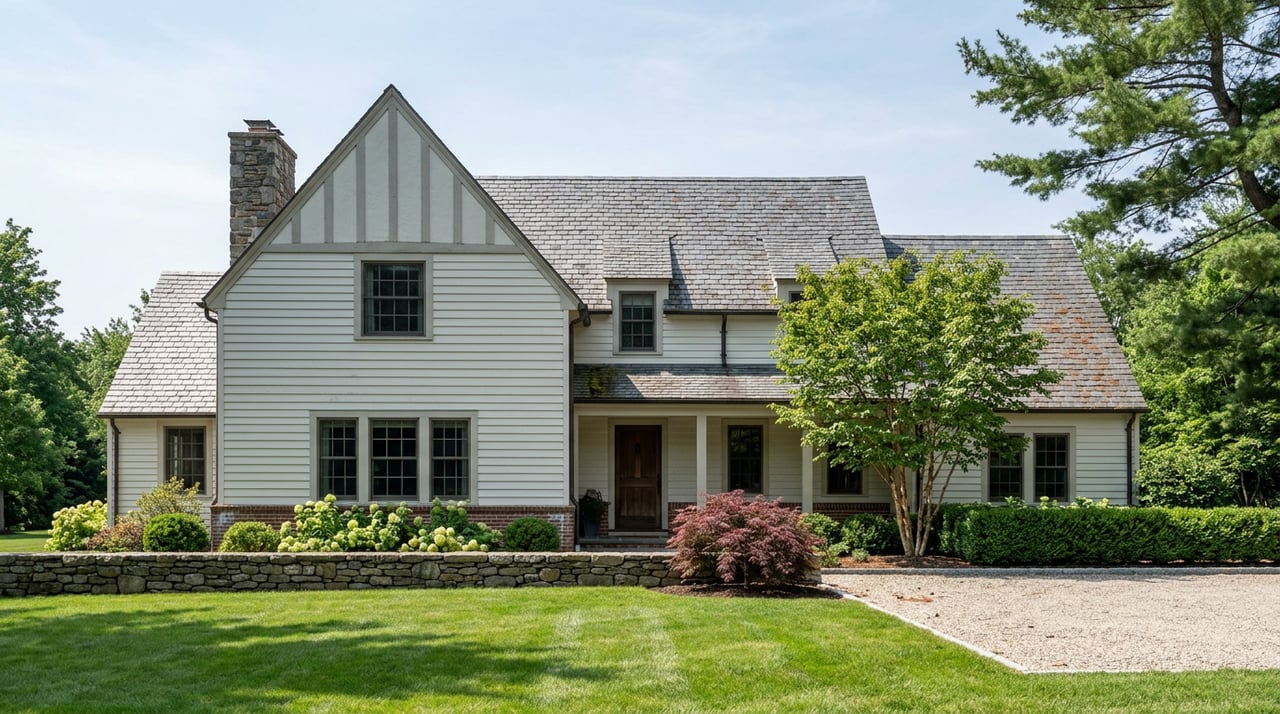 Oyster-white two-story home with a slate gable, stone chimney, broad lawn, gravel drive, and burgundy Japanese maple.