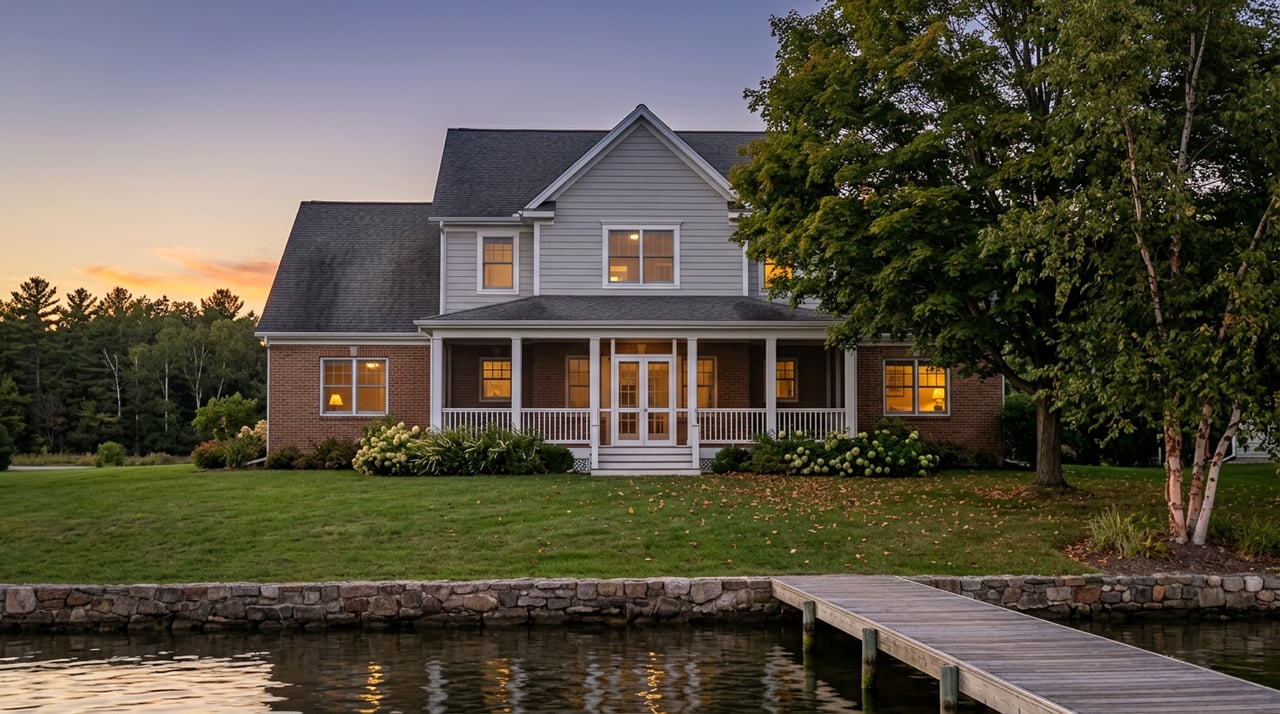 Two-story brick-and-siding home with a covered porch, glowing windows, and a dock across the lawn at dusk.