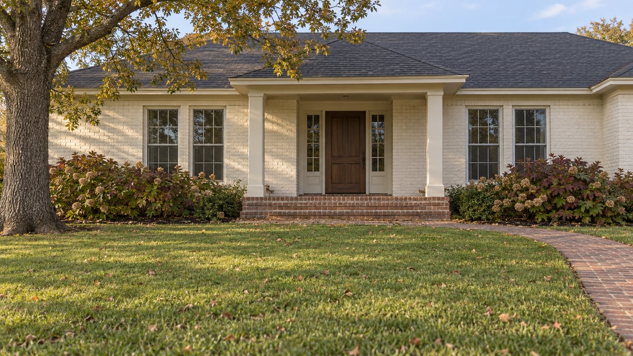 Off-white brick home with a covered front porch, broad autumn lawn, brick walkway and mature oak canopy.