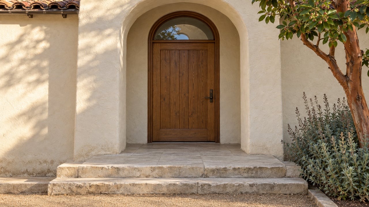 Cream stucco home entry with a recessed oak door, terracotta roof tiles, worn limestone steps and a sculptural strawberry tree.