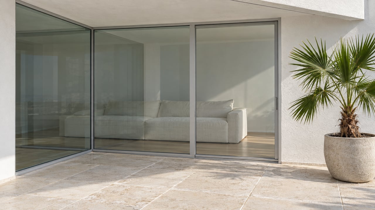 Covered limestone terrace beside closed floor-to-ceiling glazing, with an ivory sofa inside and one fan palm in a cast-stone planter.