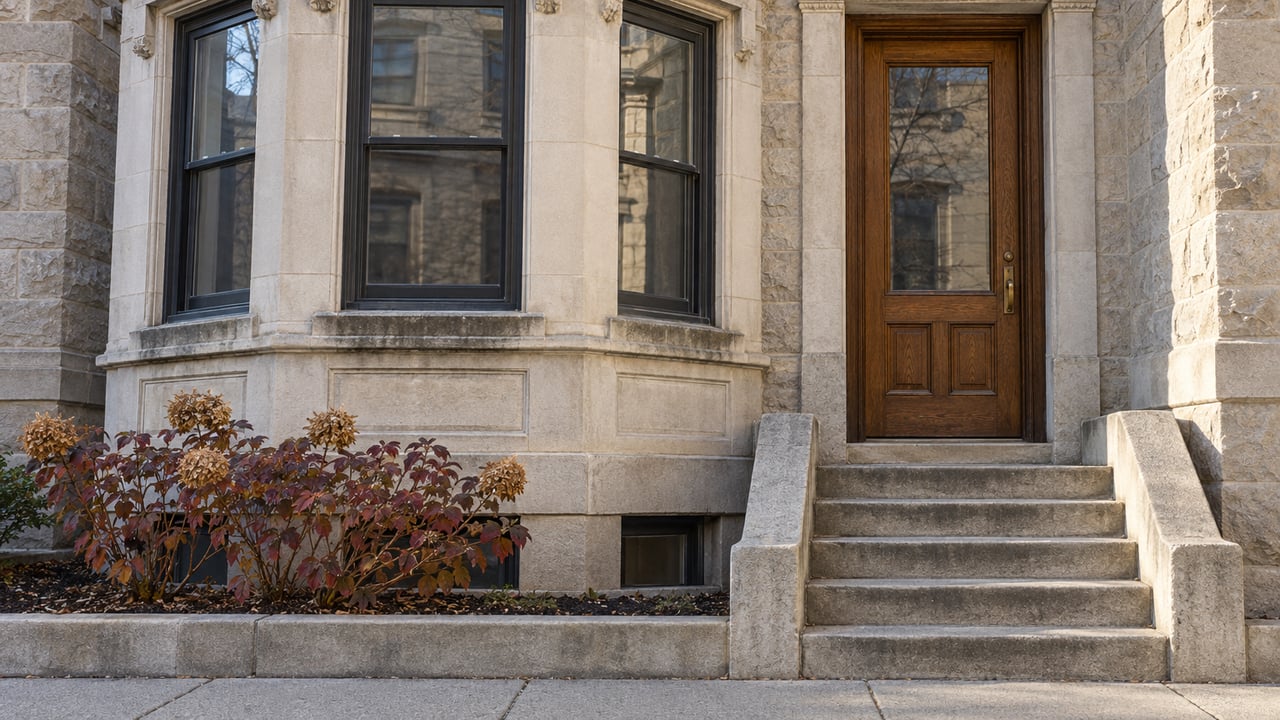 Stone home entrance with a wooden door, broad steps, bay windows, and autumn shrubs.